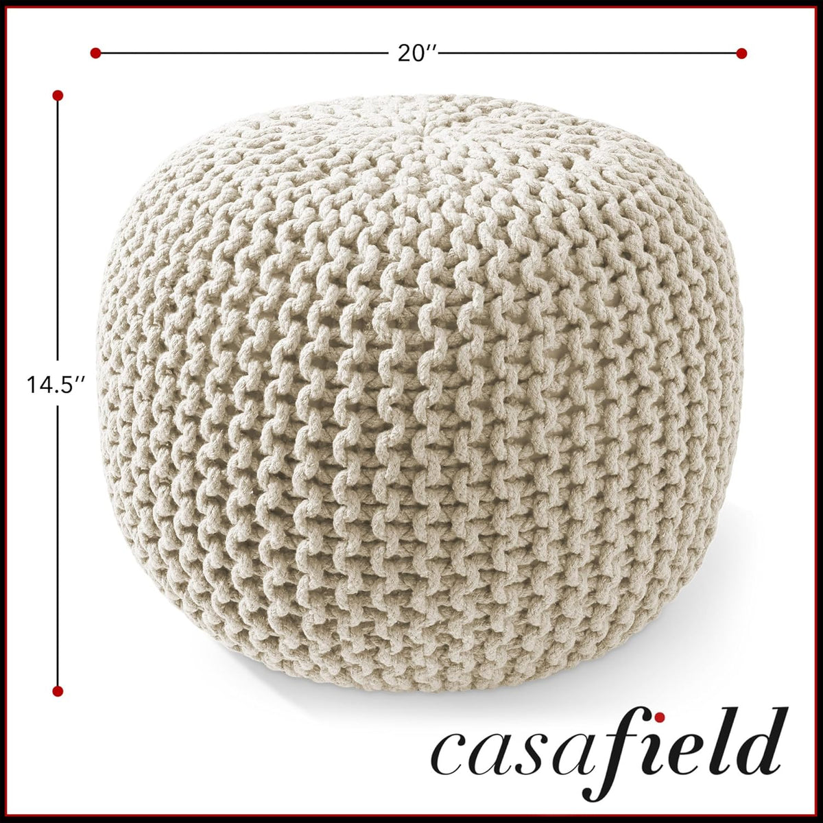 Casafield Round Pouf Ottoman, Natural - 20" Diameter x 14.5" High Cotton Knit Foot Stool - Boho