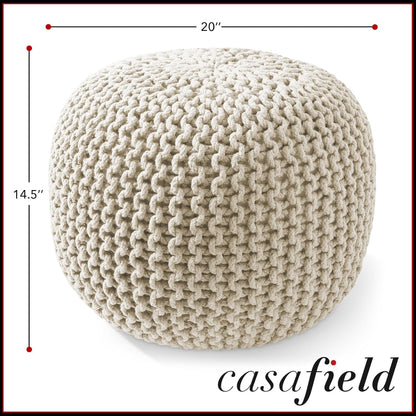 Casafield Round Pouf Ottoman, Natural - 20" Diameter x 14.5" High Cotton Knit Foot Stool - Boho