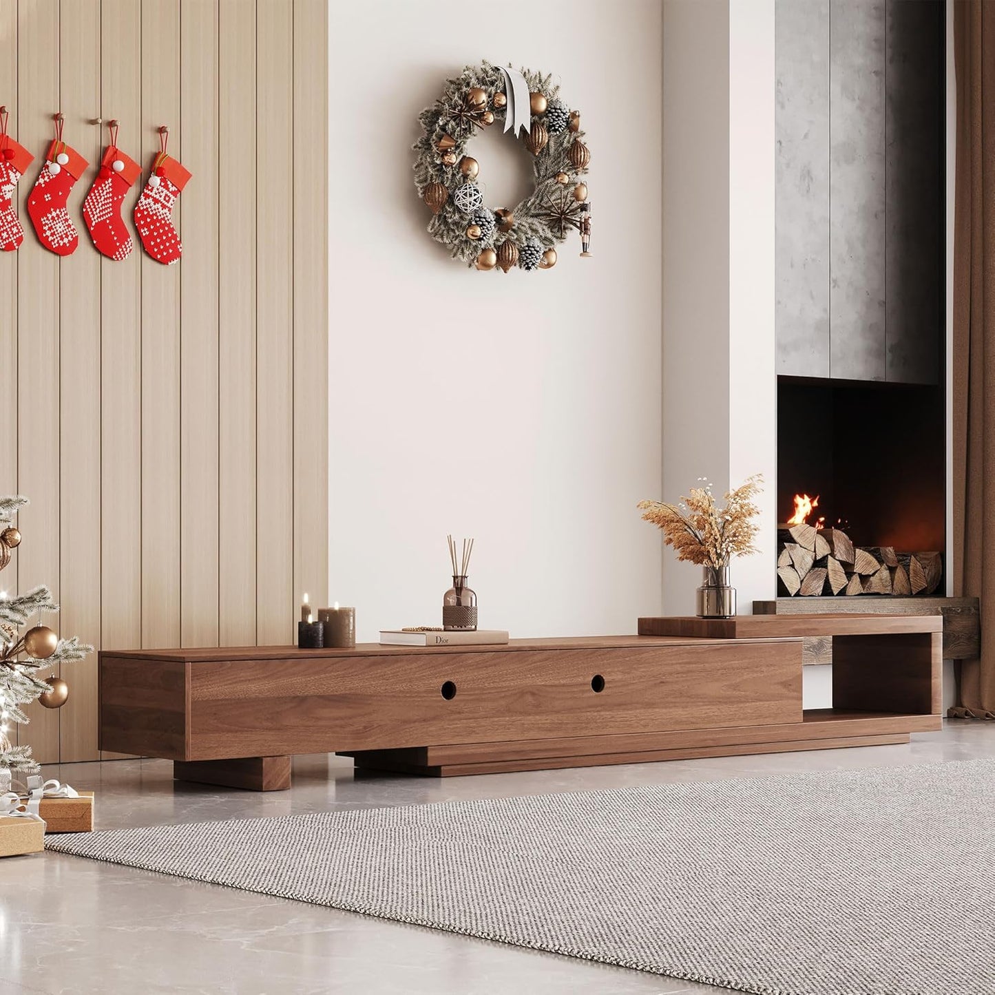 Mid Century Modern TV Stand for 75+ Inch TVs, Extendable Media Console (78"-103") with Ample