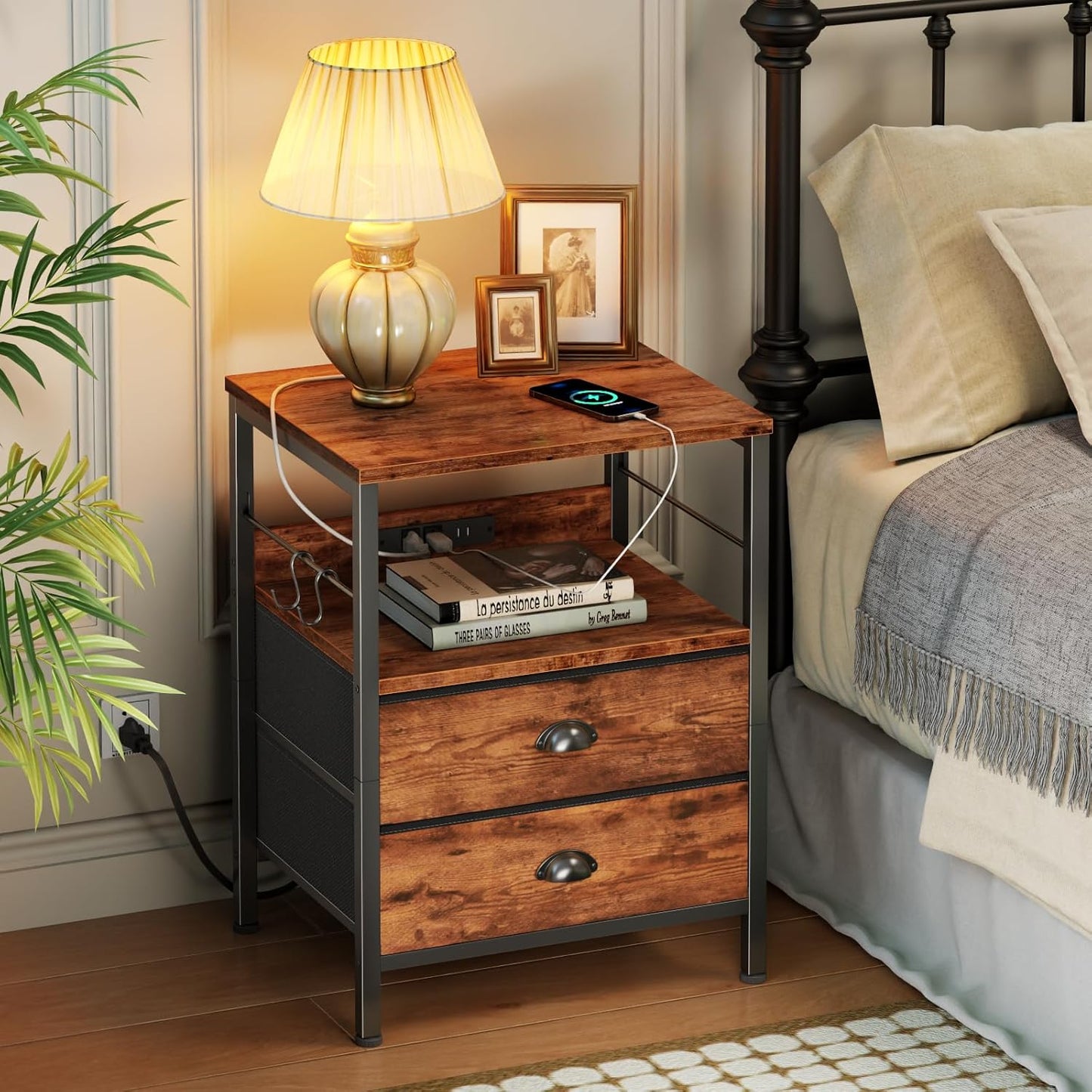 Furologee Night Stand with Charging Station, Bedside Table with Fabric Drawers, End Table with USB