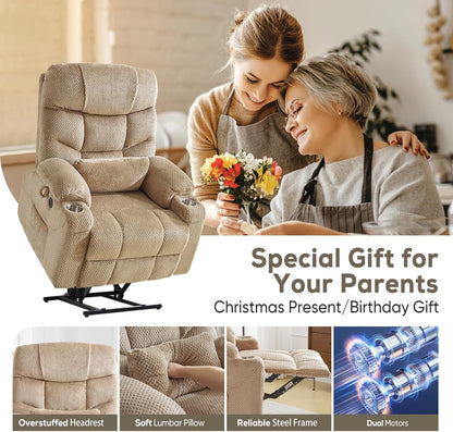 Oversized Dual Motor Lay Flat Power Lift Recliner Chair Set of 2 for Elderly with Massage and Heat
