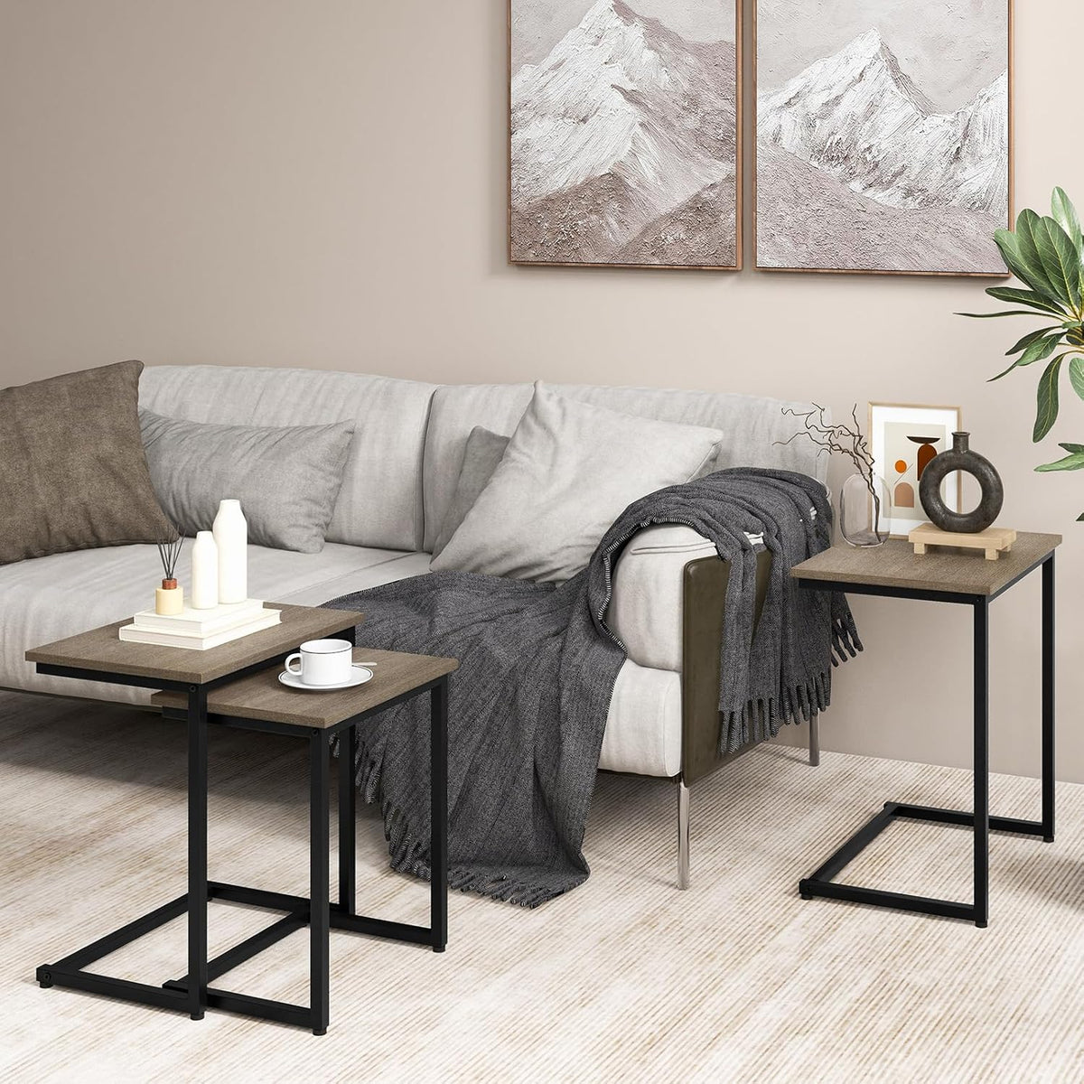 Giantex Nesting Coffee Table Set of 3, Stackable Square End Table w/Wood Grain Tabletop &