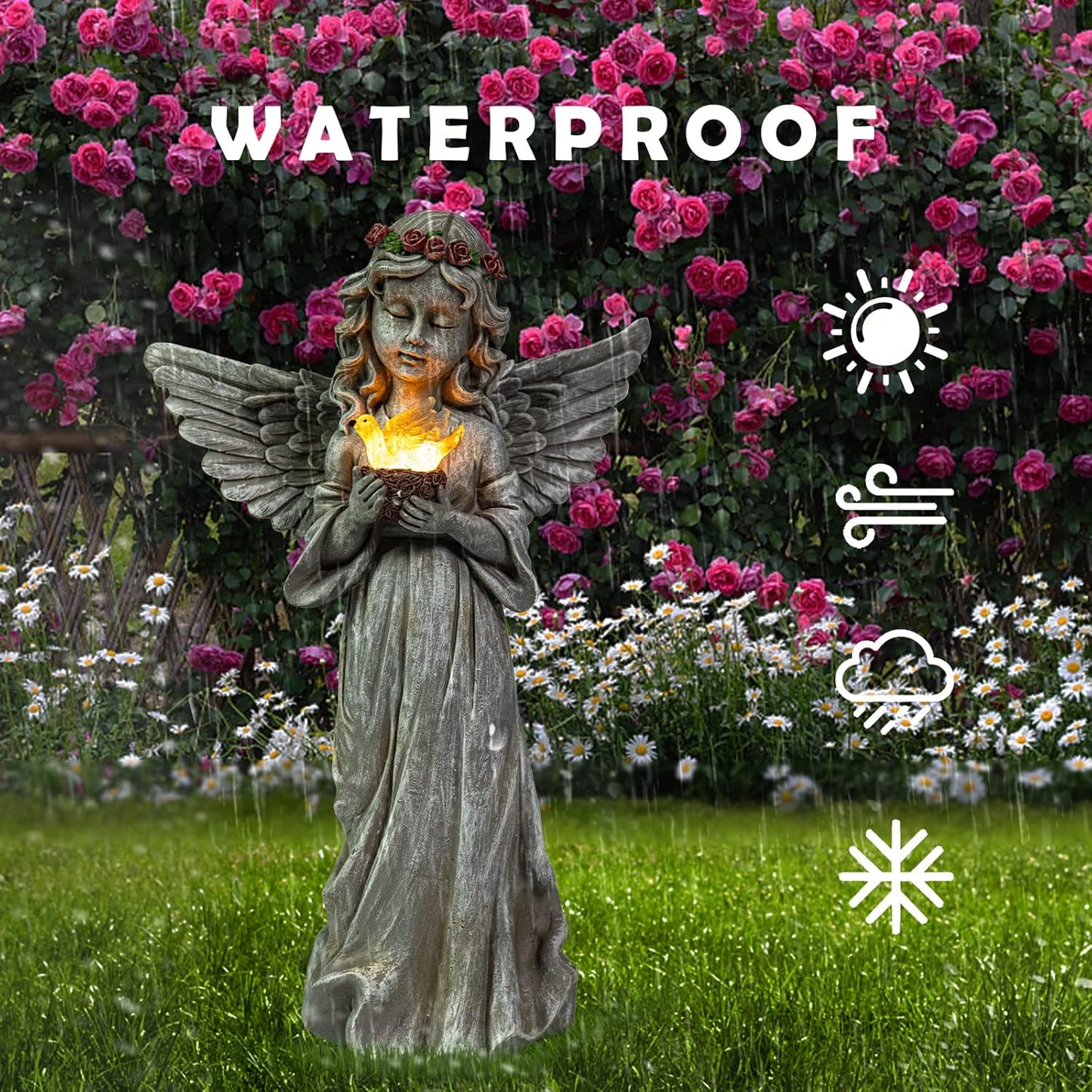 Angel Garden Statue Outdoor Decor, Angel Garden Figurine Hold Dove with Solar Lights Waterproof