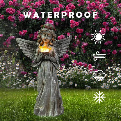 Angel Garden Statue Outdoor Decor, Angel Garden Figurine Hold Dove with Solar Lights Waterproof