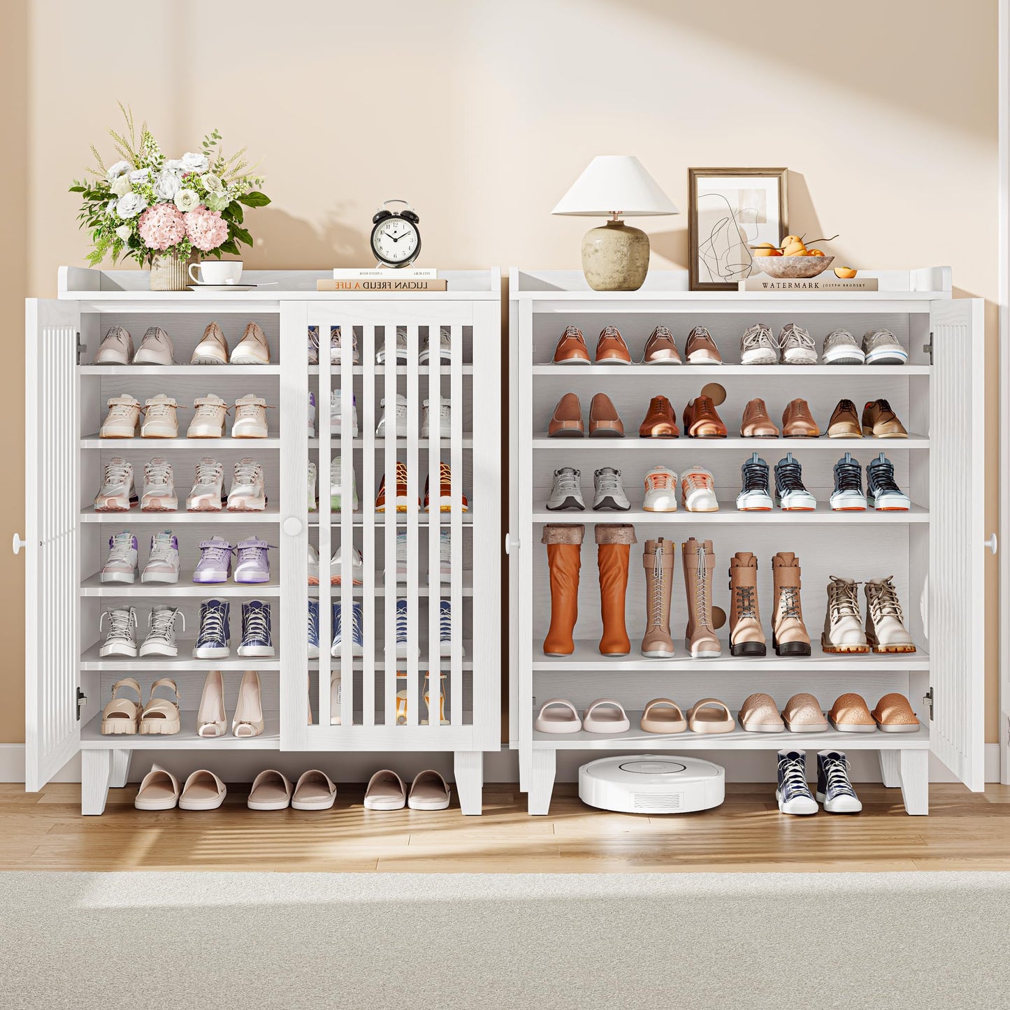 IRONCK Shoe Cabinet with Slatted Doors, 6-Tier Shoe Storage Cabinet, White