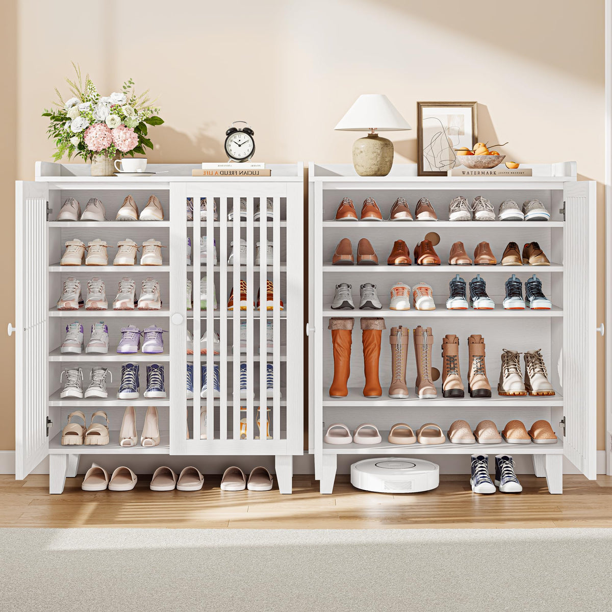 IRONCK Shoe Cabinet with Slatted Doors, 6-Tier Shoe Storage Cabinet, White