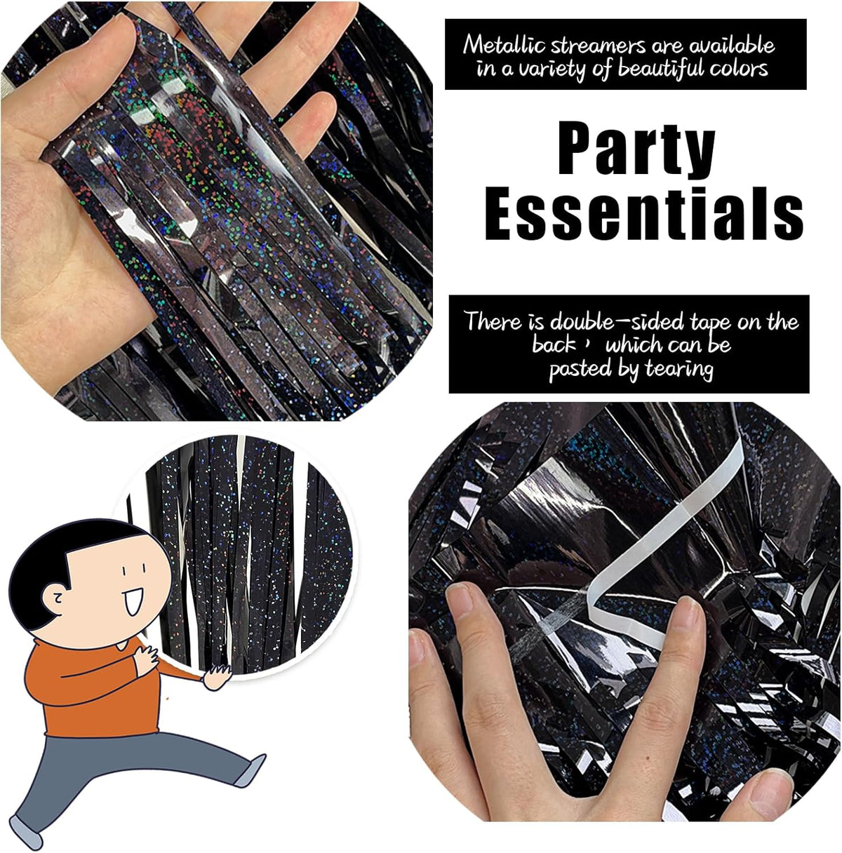 3 Pack Black Party Streamers Backdrop Tinsel Foil Fringe Curtains Halloween Party Decorations