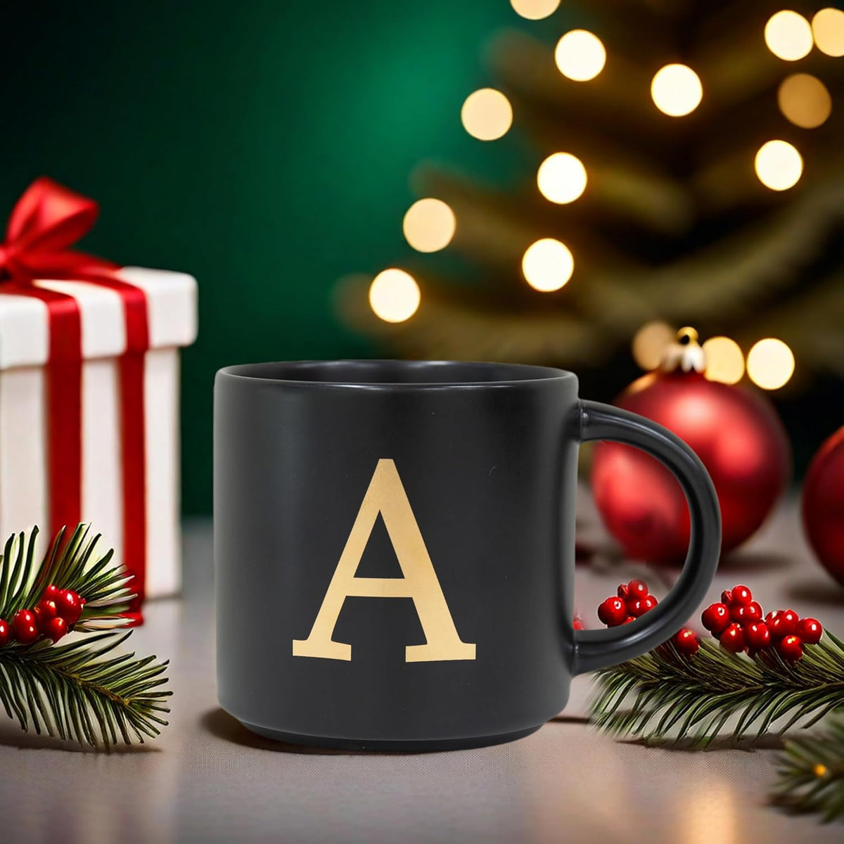 COLLECTIVE HOME - Monogram Ceramic Mugs, 15 oz Golden Initial Black Coffee Cups, Elegant Alphabet