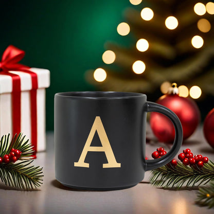 COLLECTIVE HOME - Monogram Ceramic Mugs, 15 oz Golden Initial Black Coffee Cups, Elegant Alphabet