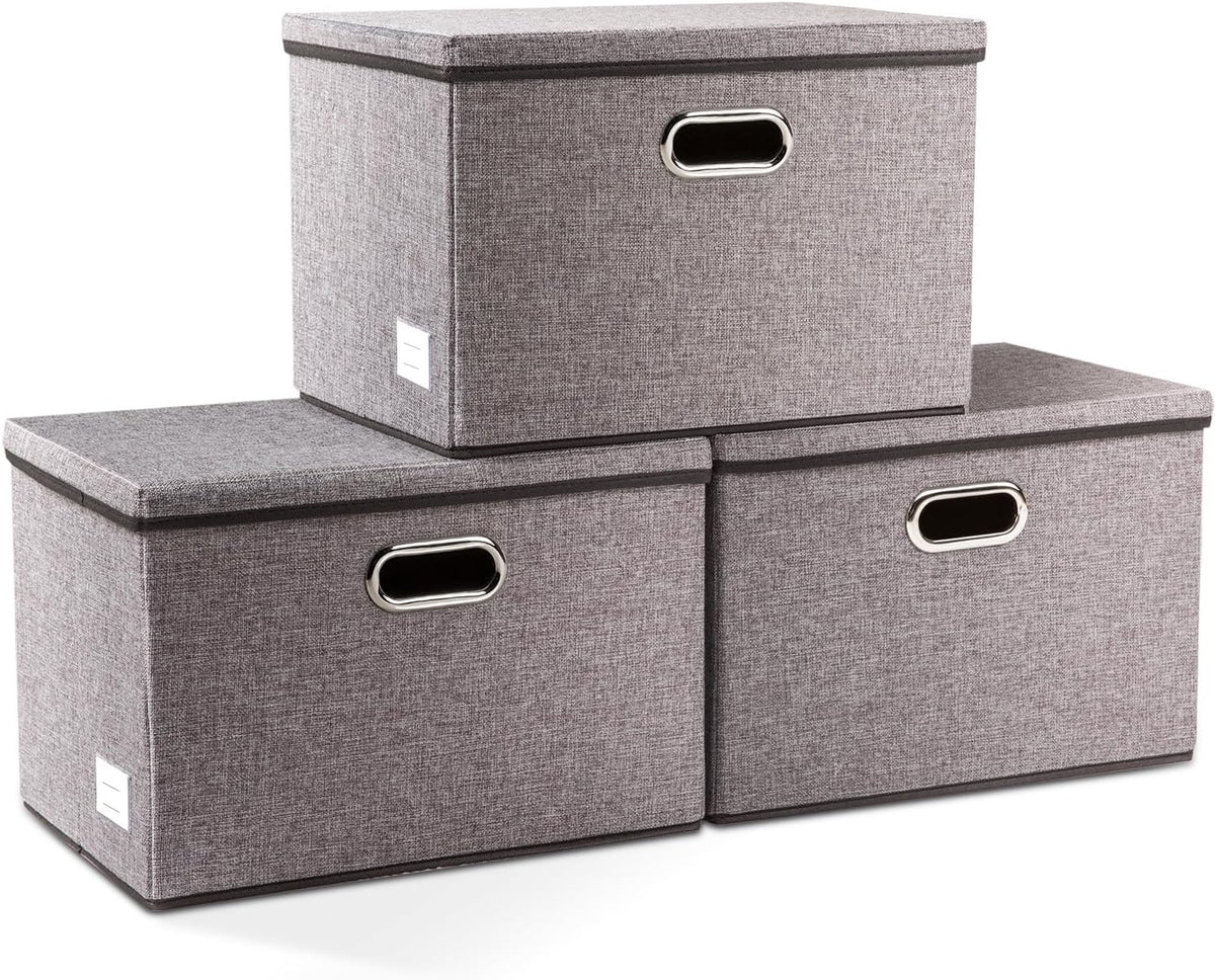 PRANDOM Large Collapsible Storage Bins with Lids [3-Pack] Linen Fabric Foldable Storage Boxes