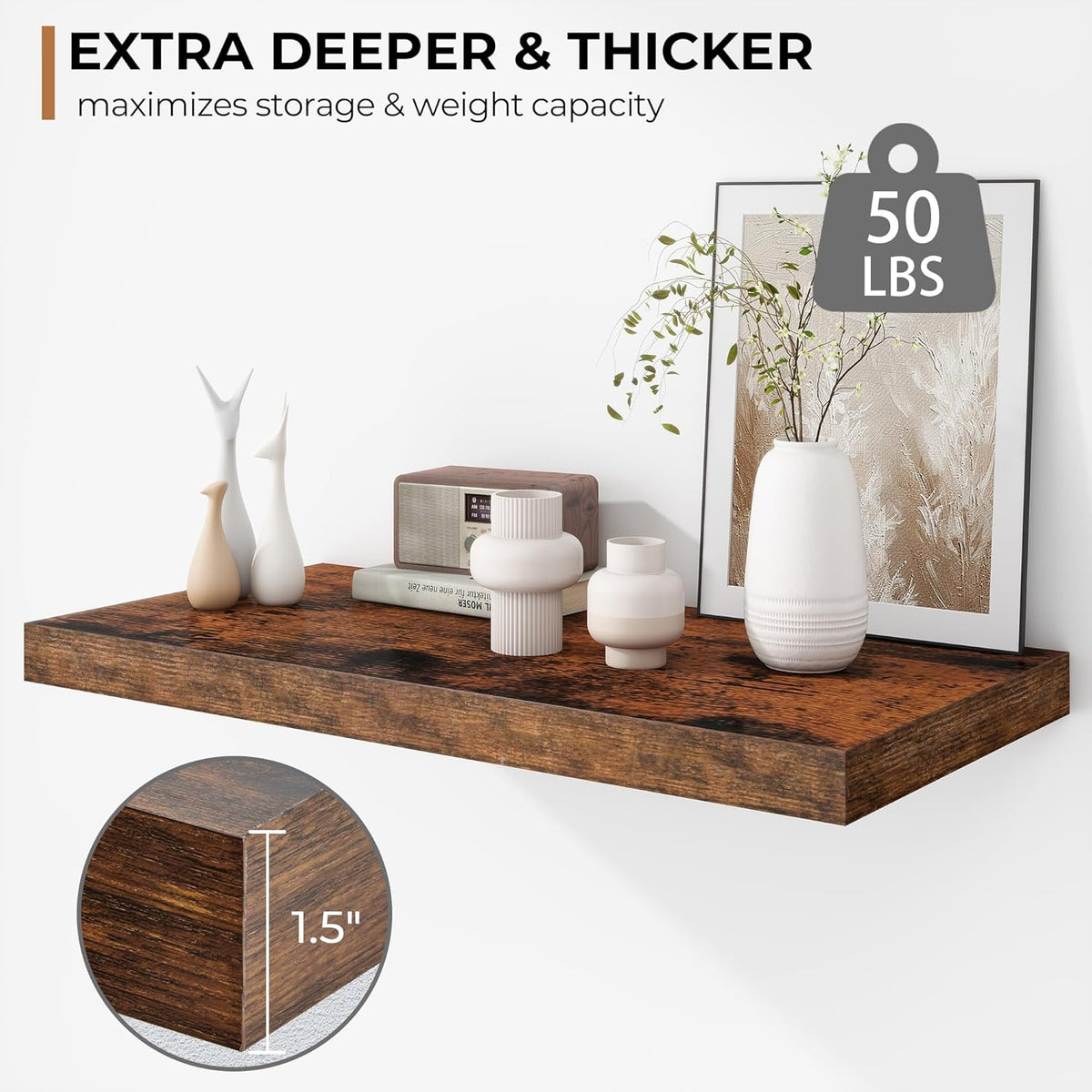 Fun Memories Floating Shelves - 2 Pack 12 Inch Deep Rustic Wooden Wall Shelves - Extra Deeper &