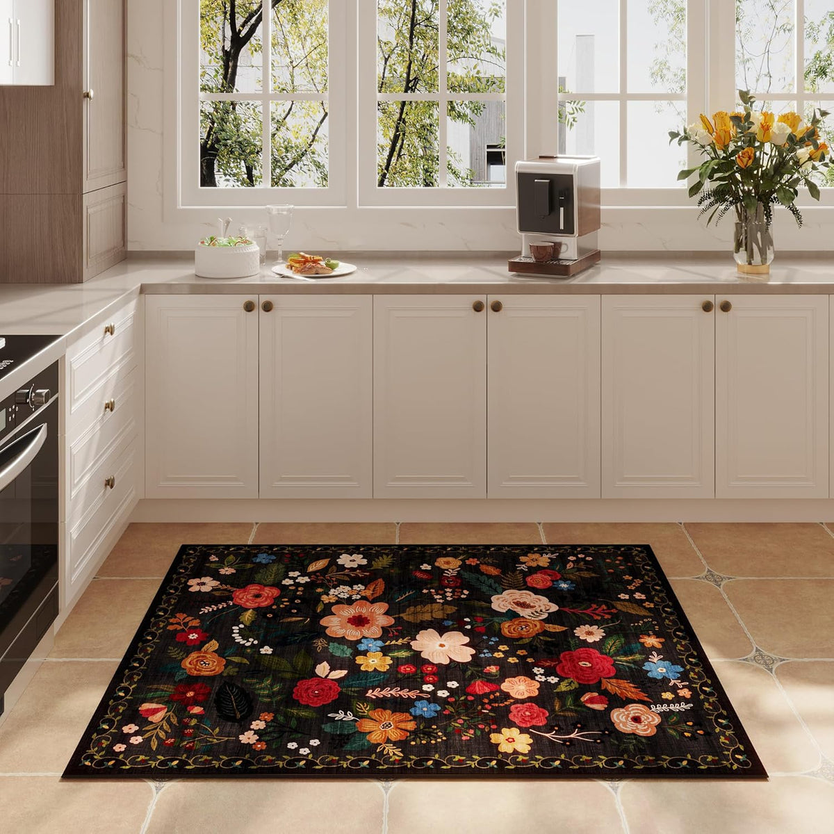 Door Mat Indoor Entrance 2x3 Rug Machine Washable Boho Floral Small Area Rug Non-Slip Low Pile