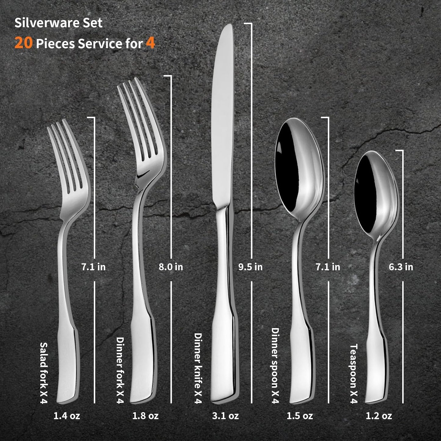 Alata Kate 20-Piece Silverware Set Stainless Steel Flatware Set,Service for 4,Mirror Polished
