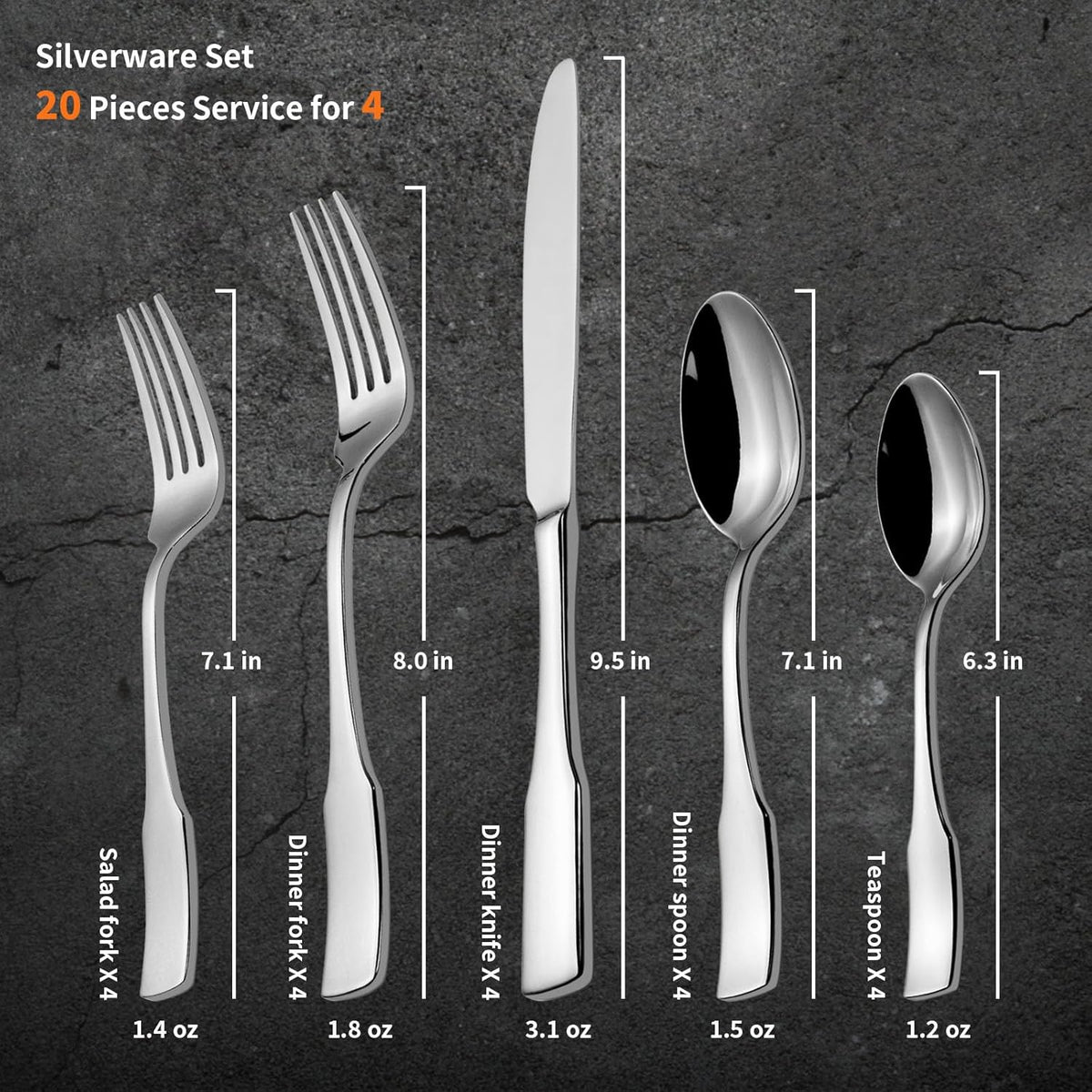 Alata Kate 20-Piece Silverware Set Stainless Steel Flatware Set,Service for 4,Mirror Polished