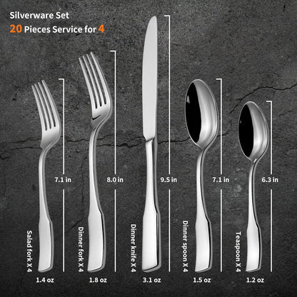 Alata Kate 20-Piece Silverware Set Stainless Steel Flatware Set,Service for 4,Mirror Polished