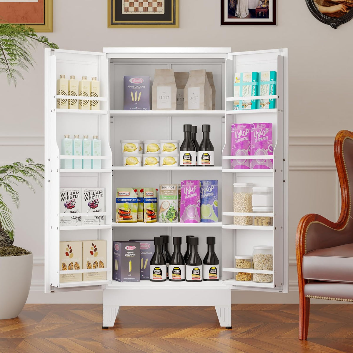 51" Metal Kitchen Pantry Cabinet, Storage Cabinets with 2 Door and 3 Adjustable Shelves, White