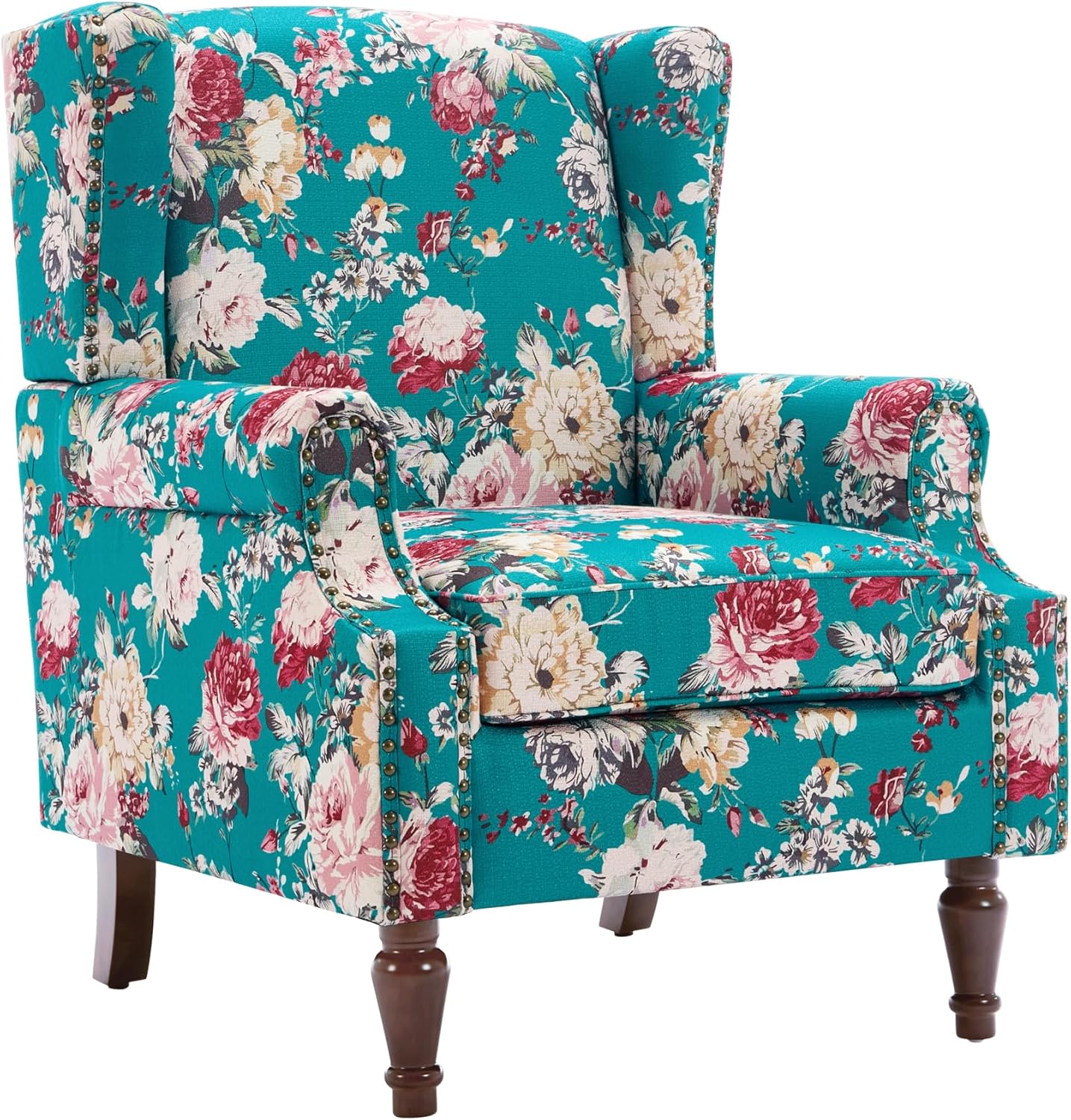 UIXE High Back Floral Accent Chair, Upholstered Armchair in Fabric, Retro Printed Wingback Arm