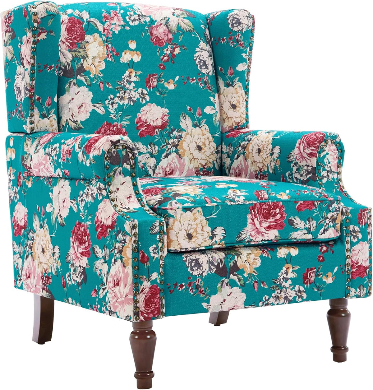 UIXE High Back Floral Accent Chair, Upholstered Armchair in Fabric, Retro Printed Wingback Arm