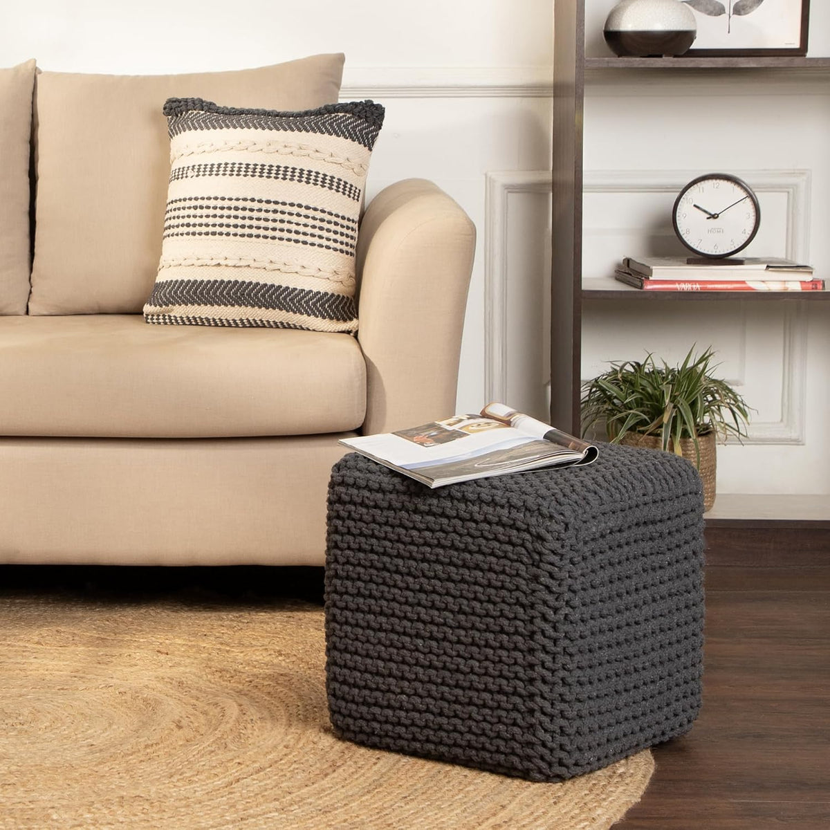REDEARTH Cube Pouf Foot Stool Ottoman - Hand Knitted Coffee Table - Cotton Cord Boho Pouffe - Home