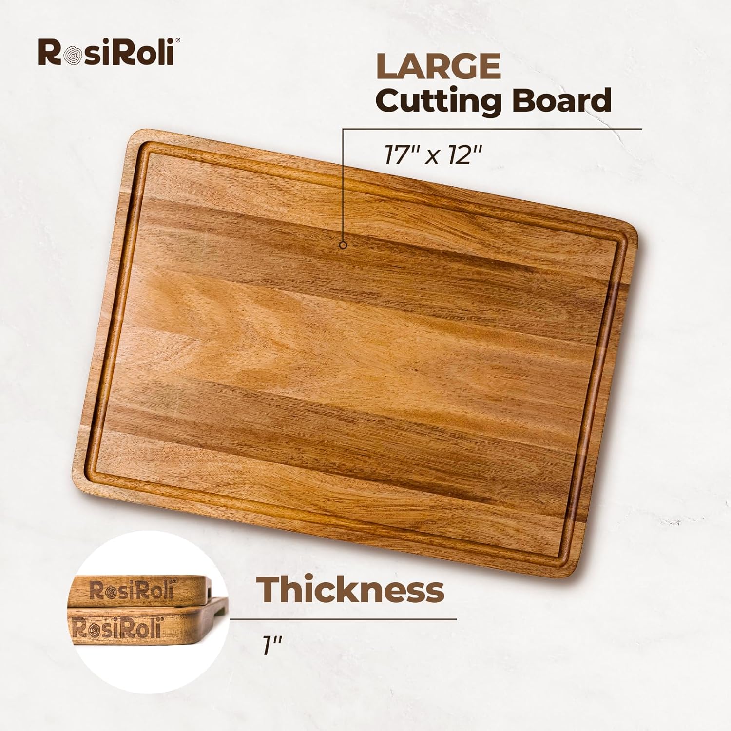 Acacia Wood Cutting Board for Kitchen - 1 inch Thick FSC Certified Wood Charcuterie Cheese Board