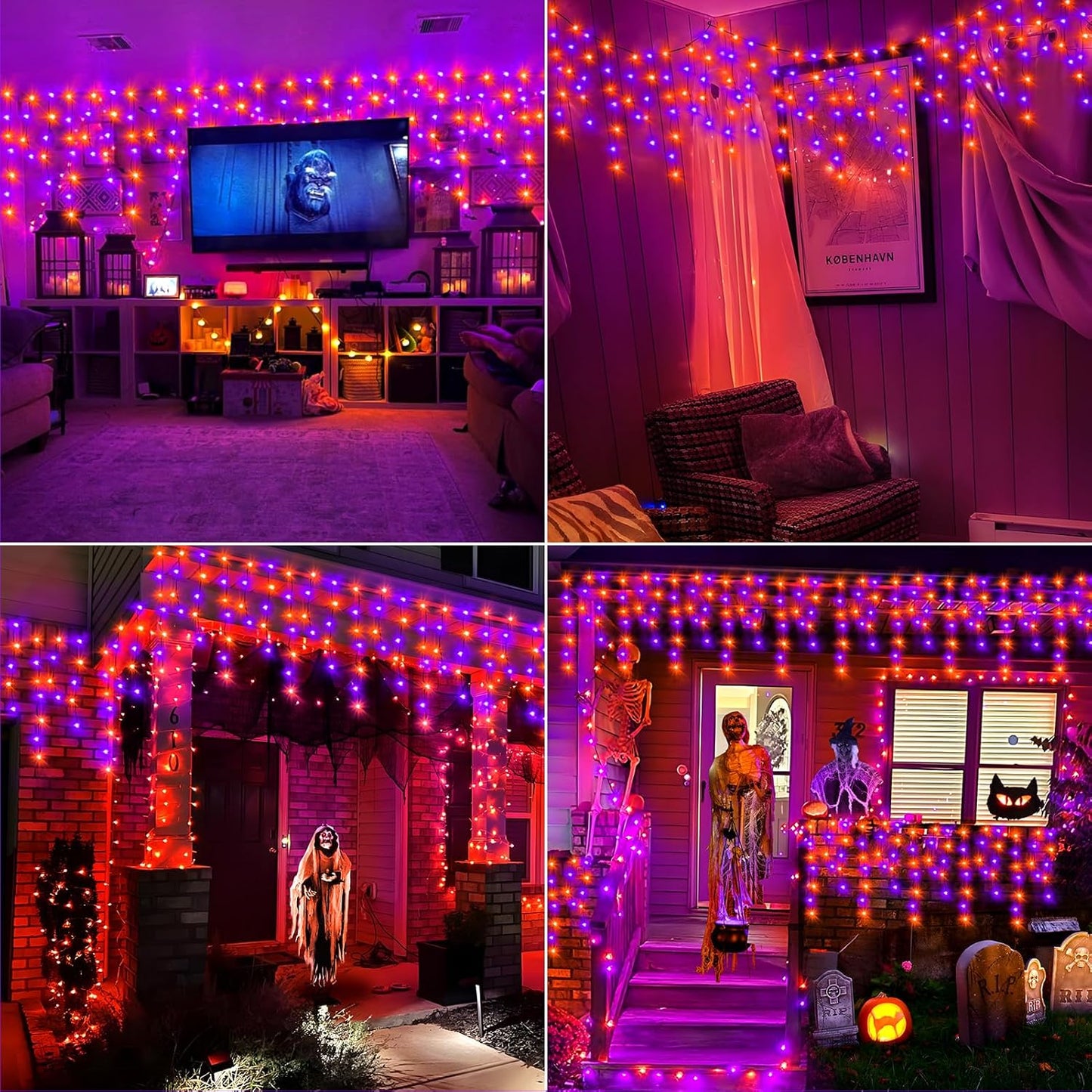 KNONEW 99FT 1216 LED Halloween Lights Decortation Orange Purple String Lights Outdoor with 228