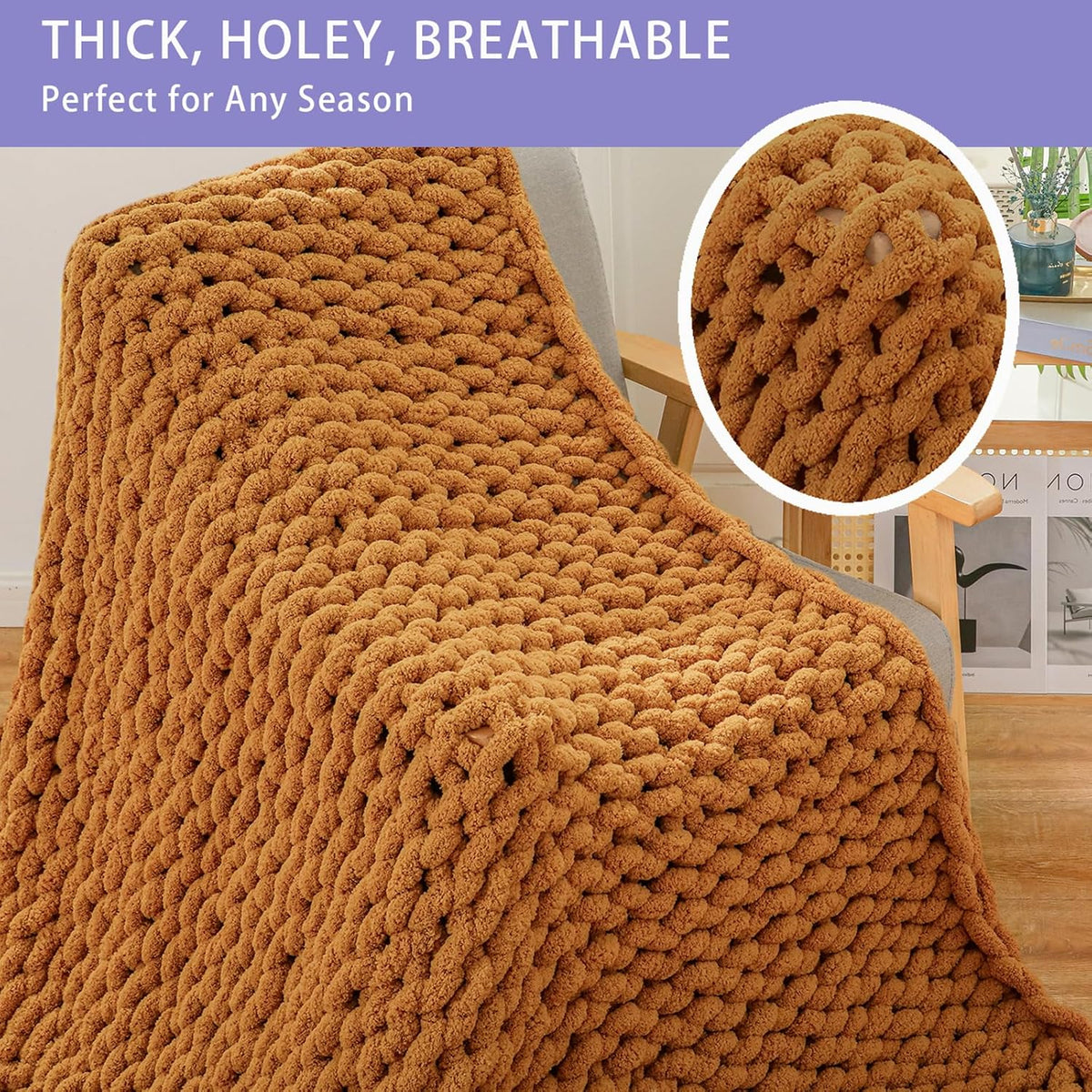 Bigacogo Chunky Knit Throw Blanket for Couch, 40x60 inches, 100% Hand Knitted with Thick Jumbo