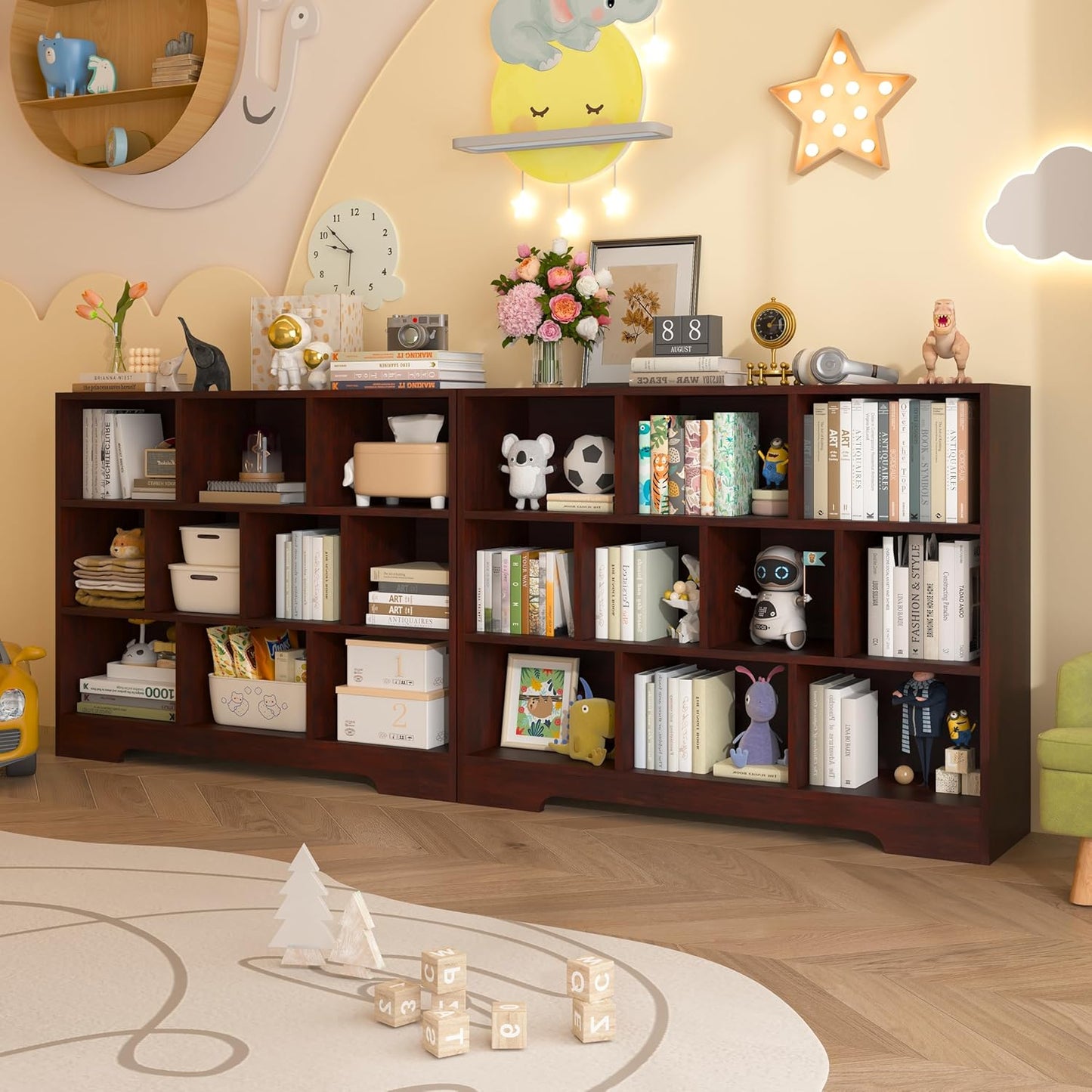 Book Shelf, 10 Cubes Storage Organizer, 3-Tier Open Shelf Wooden Bookcase, Freestanding Cherry