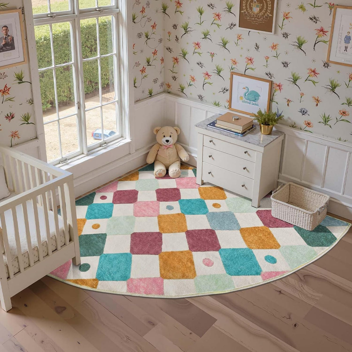 jinchan Kids Rug for Nursery 6ft Radius Corner Washable Area Rug Modern Colorful Quarter Circle Rug