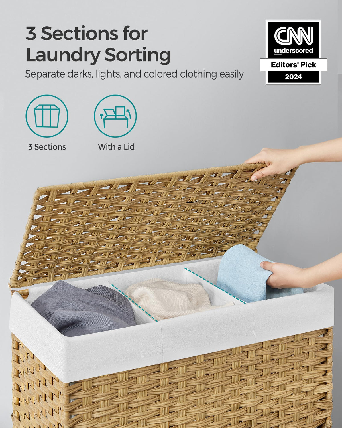 SONGMICS Laundry Hamper with Lid, 37 Gallons (140 L), Rolling Laundry Basket with Wheels, 3-Section