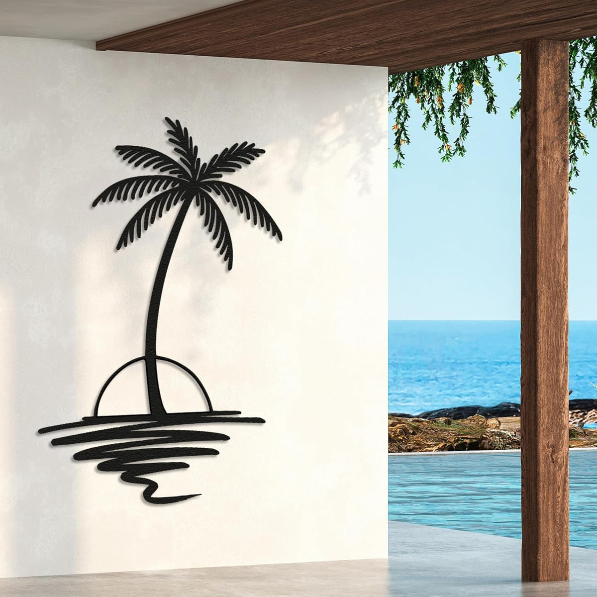 Metal Palm Tree with Sunset Wall Art, Large Outdoor Wall Decor, Tropical Beach Decor for Living