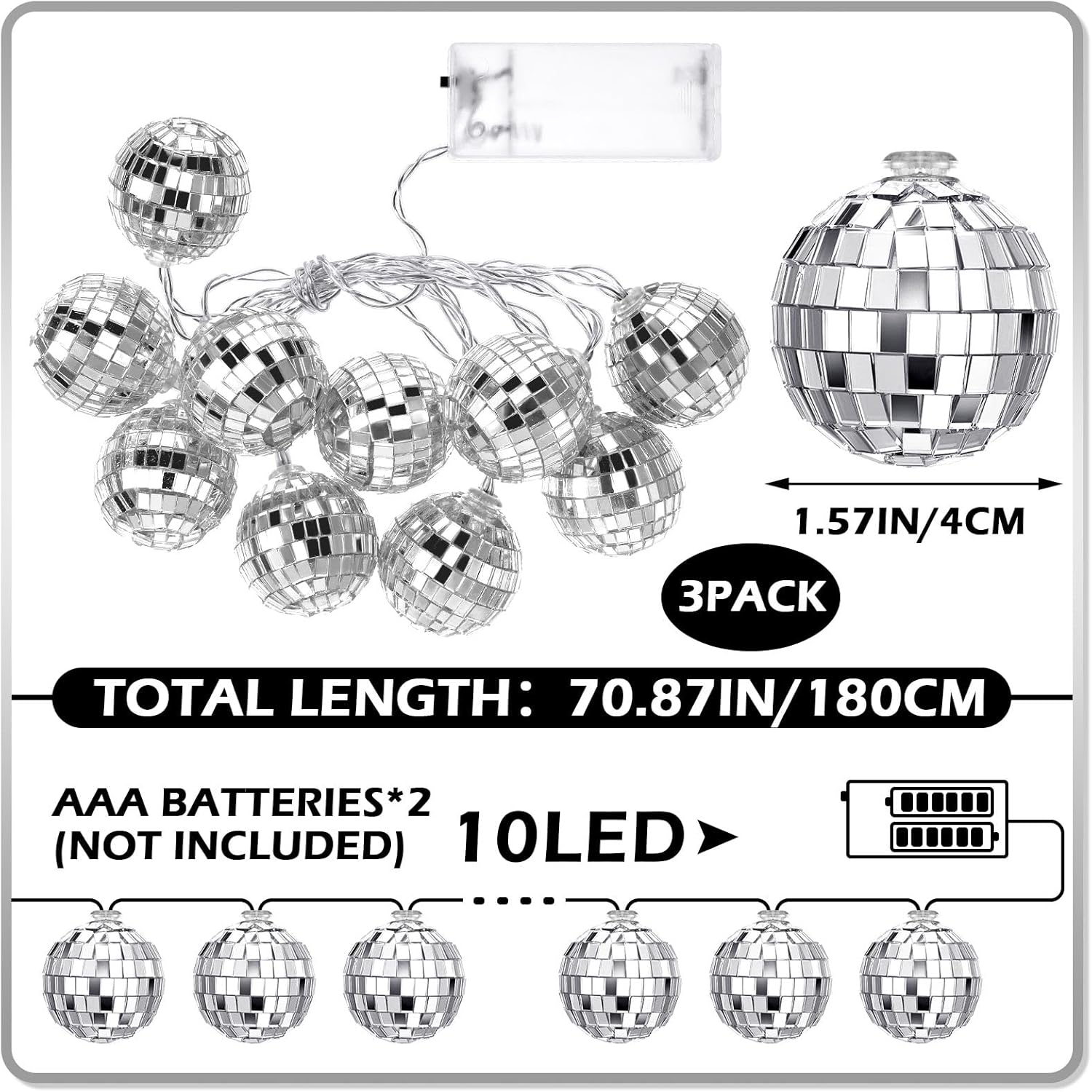 Zhanmai 30 LED Disco Ball String Lights Decor Lighted Mini Mirror Disco Balls Ornaments for 70s 80s