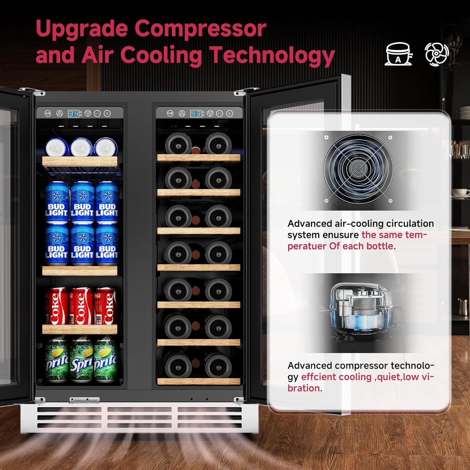24" Wine and Beverage Refrigerator, Dual Zone Wine Cooler with Glass Door, Hold 88 Cans & 21