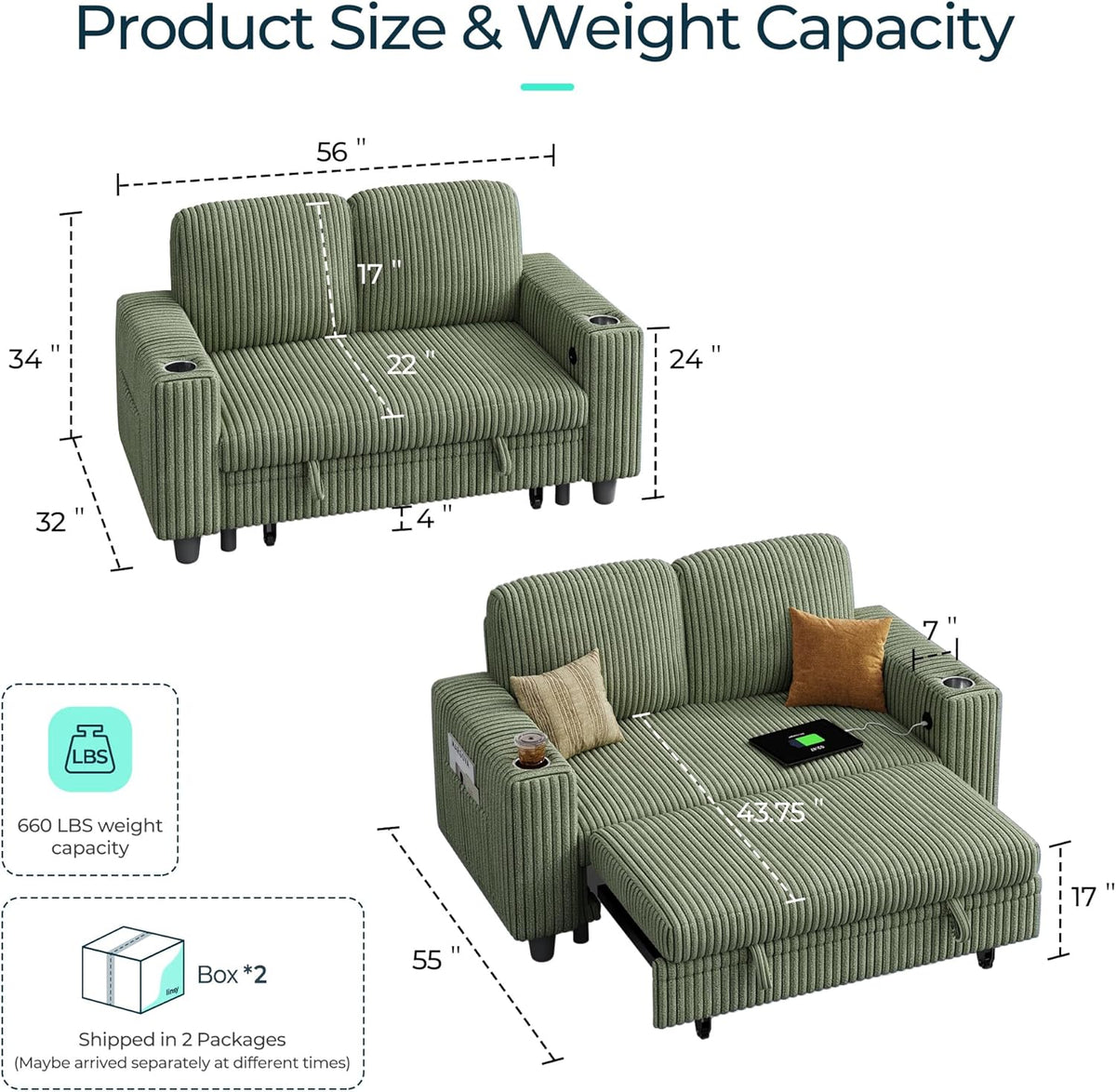 LINSY HOME Loveseat Sofa with Pull Out Couch Chaise: 2-in-1 Convertible 2 Seater Sofa with USB