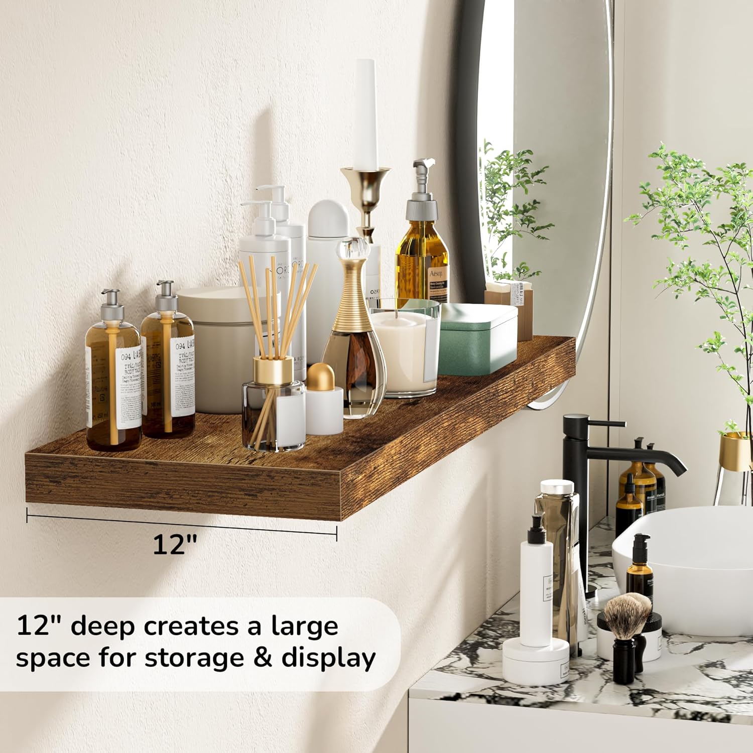 Fun Memories Floating Shelves - 2 Pack 12 Inch Rustic Wooden Wall Shelves - Extra Deeper & Thicker