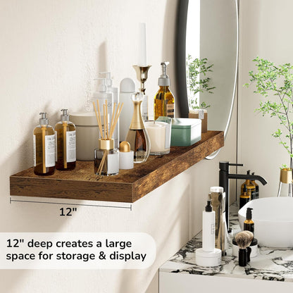 Fun Memories Floating Shelves - 2 Pack 12 Inch Rustic Wooden Wall Shelves - Extra Deeper & Thicker