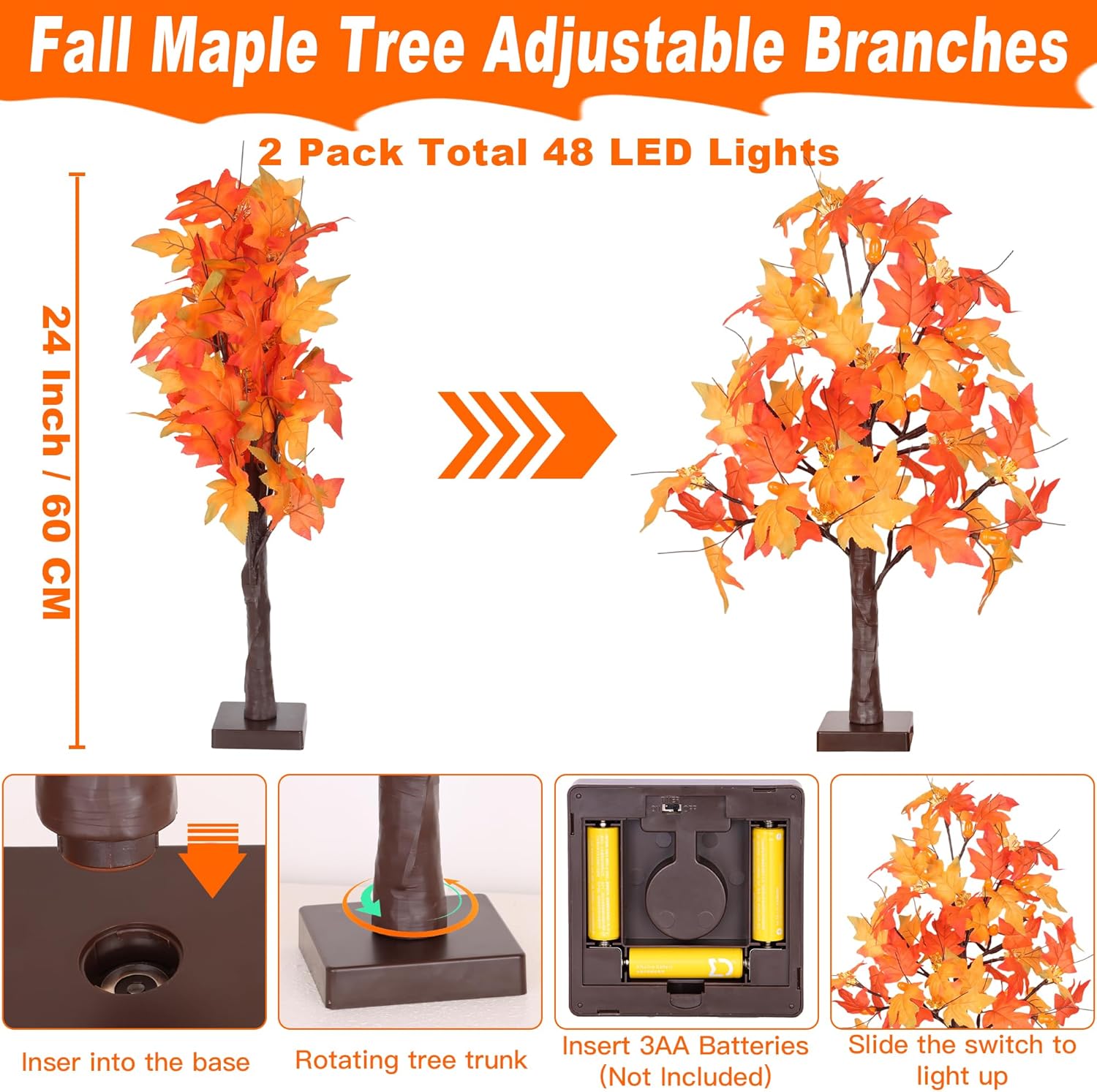 2 Pack 24 Inch Prelit Fall Maple Tree Fall Decor with 48 LEDs Timer Battery Operated Artificial