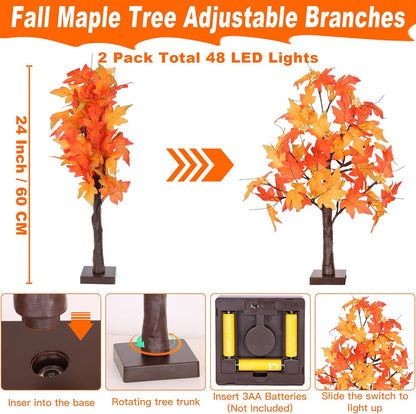 2 Pack 24 Inch Prelit Fall Maple Tree Fall Decor with 48 LEDs Timer Battery Operated Artificial