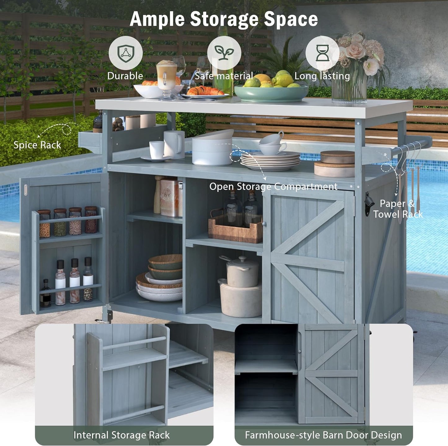 Outdoor Kitchen Island, Rolling Bar Cart & Storage Cabinet, Farmhouse Solid Wood Outdoor Grill