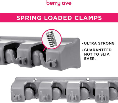 Combo 5 Slot Broom Holder w/ 1 Self Adhesive Mop Gripper No-Drilling, Wall Mount Tool Organizers