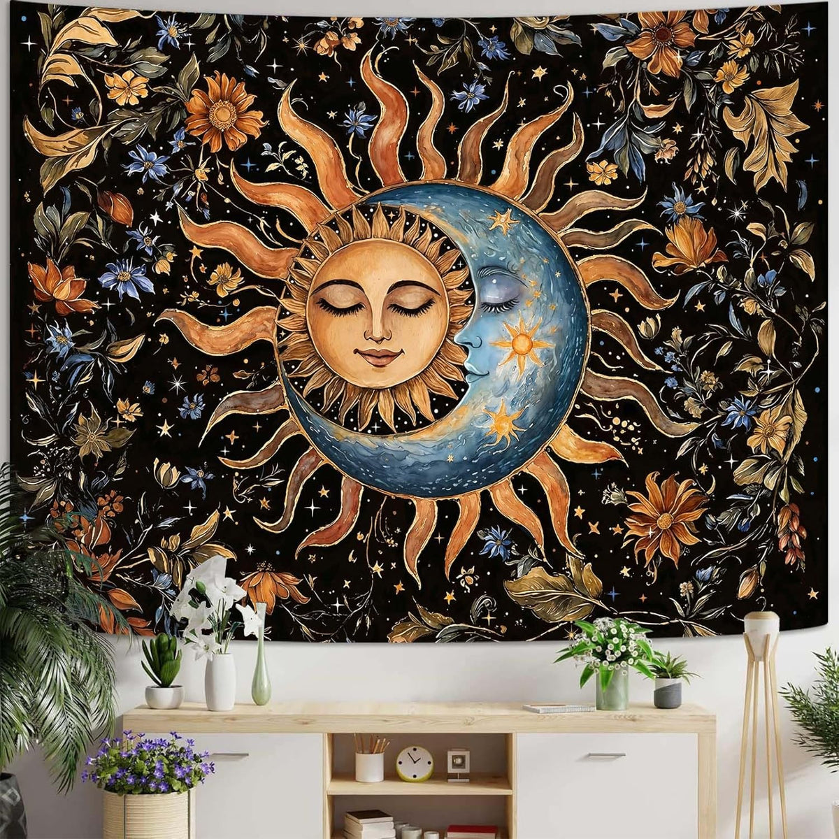 Aipon Sun and Moon Tapestry for Bedroom Boho Vintage Floral Hippie Wall Tapestry Aesthetic Retro