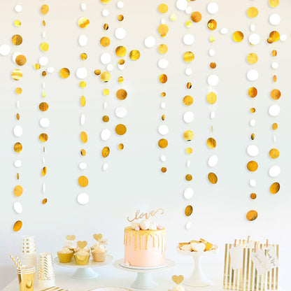 46 Feet White and Gold Circle Dots Garland Hanging Paper Polka Dots Streamer for Birthday