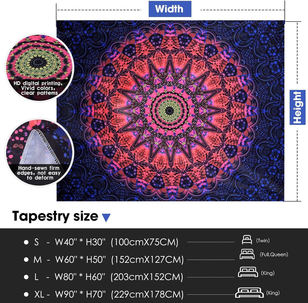 ADDWel Blacklight Mandala Boho Tapestry Glow In The Dark, Black Light Bohemian Hippie Poster Wall