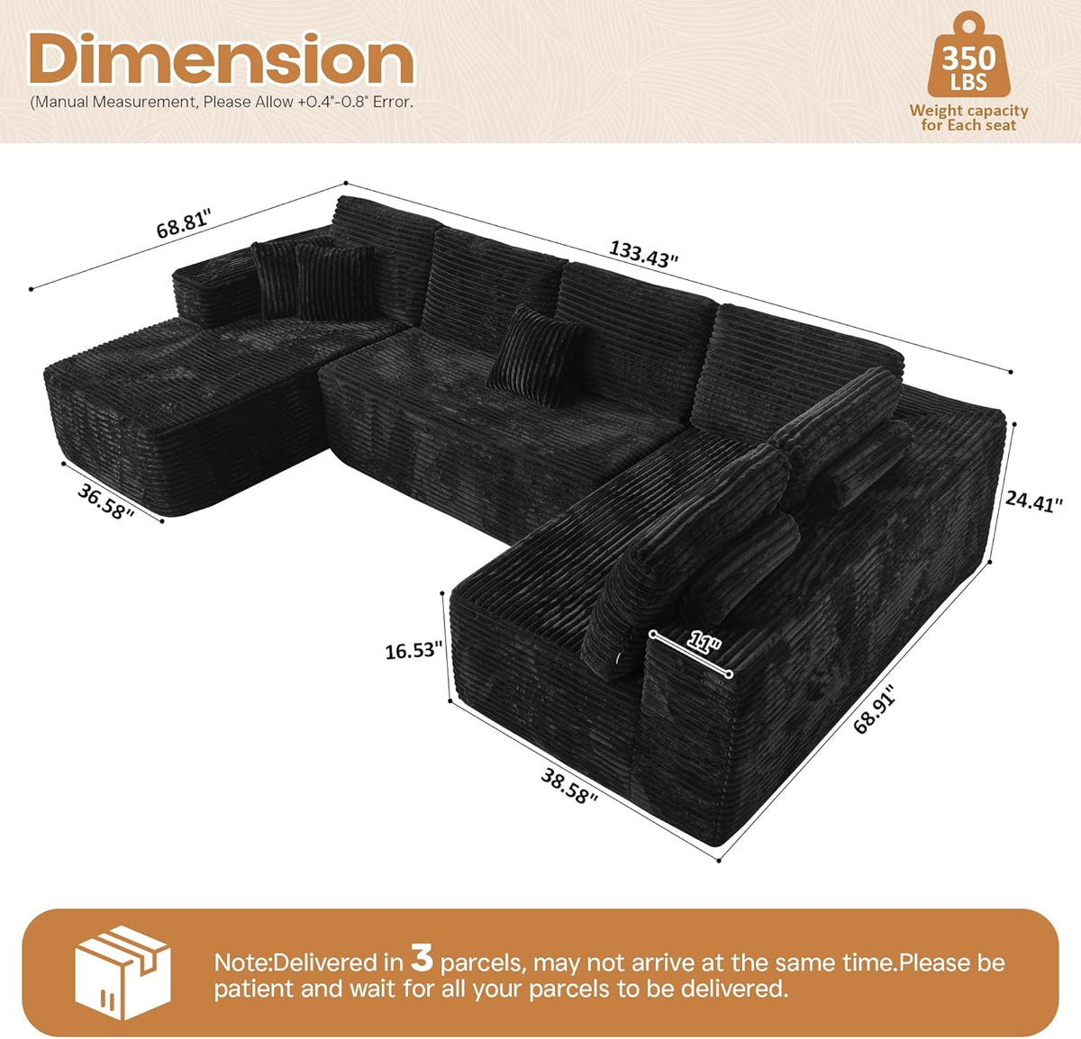 Cloud Sectional Couches for Living Room,U Shaped Modular Sofas No Assembly,133x68 Inches Plush