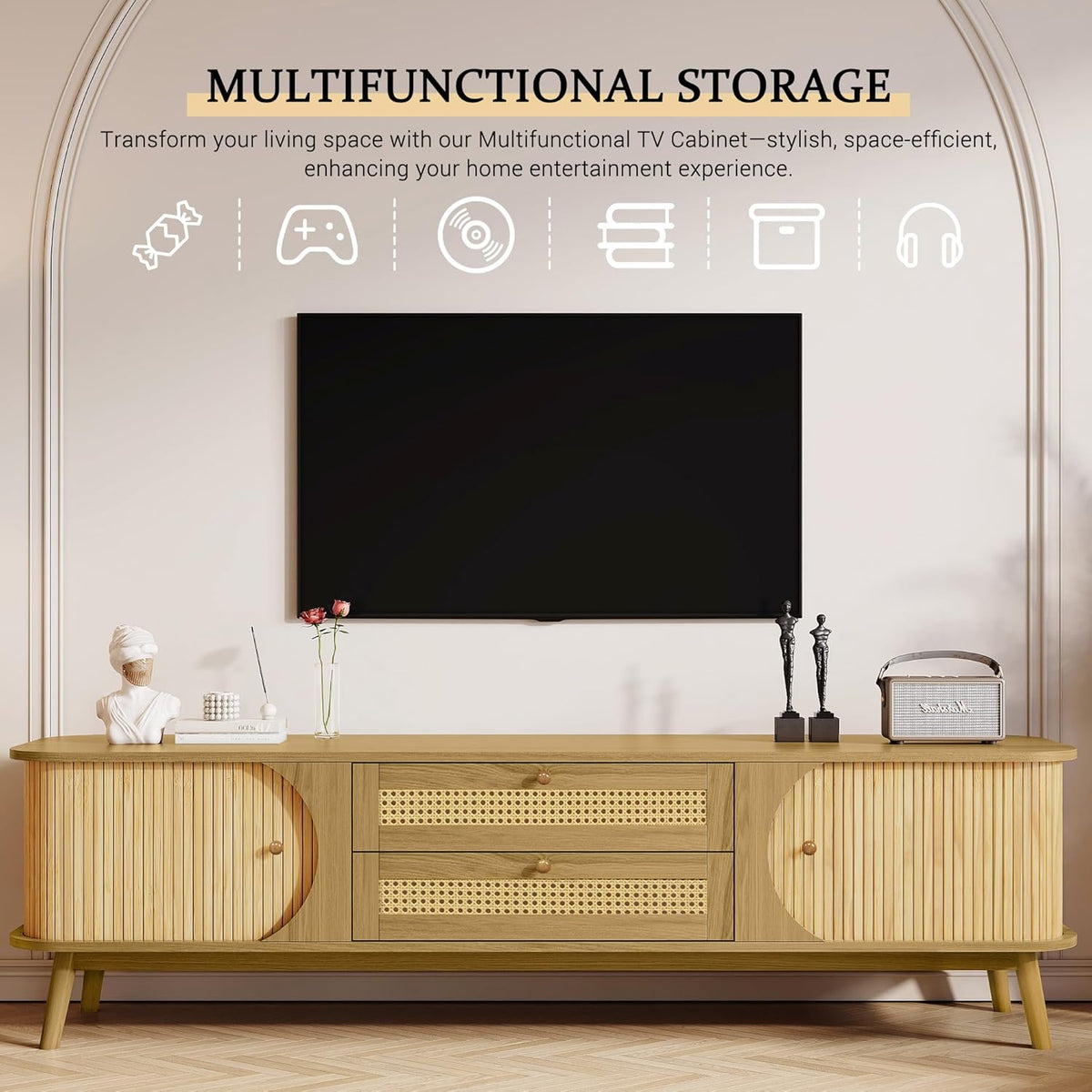 Merax Modern Fluted TV Stand for 75" TVs, Mid-Century Entertainment Center Tambour Door Media