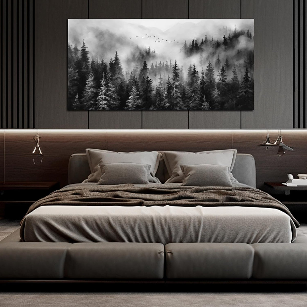 Large Pictures for Living Room Foggy Forest Canvas Wall Art for Bedroom Black Home Office Wall