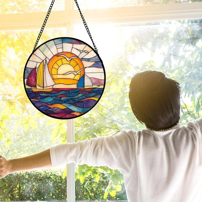 Stained Glass Window Hanging, Sailboat and Waves Suncatcher Diamond Glass Panel Hangings Sun