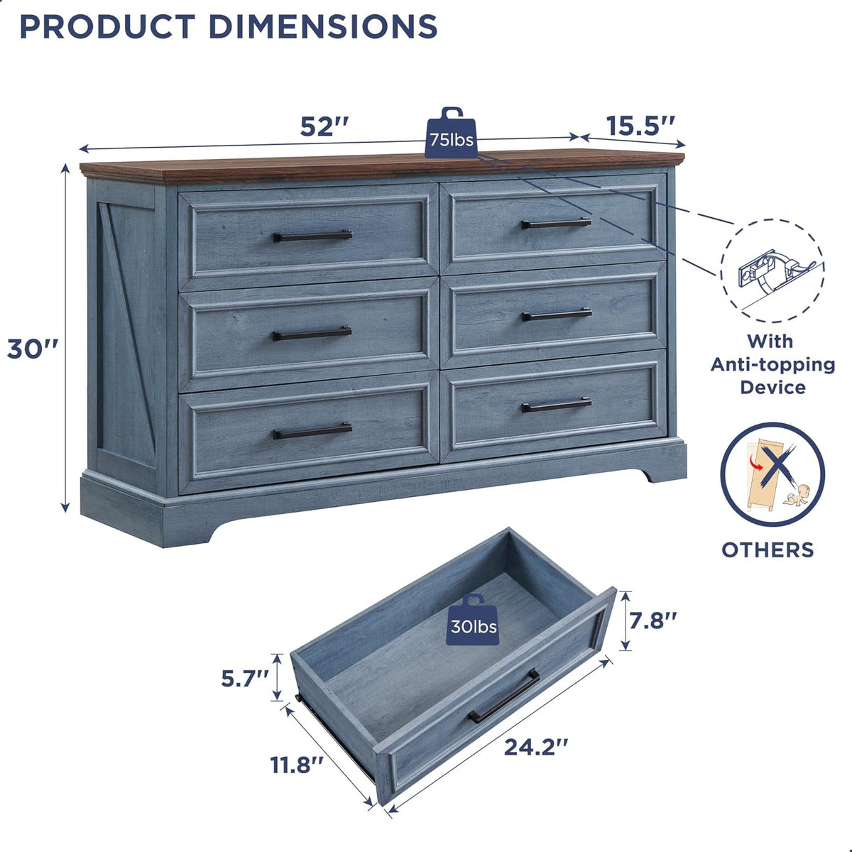 Farmhouse 6 Drawer Dresser for Bedroom, 52 Inch Wide Modern Dresser TV Stand with Large Drawers &