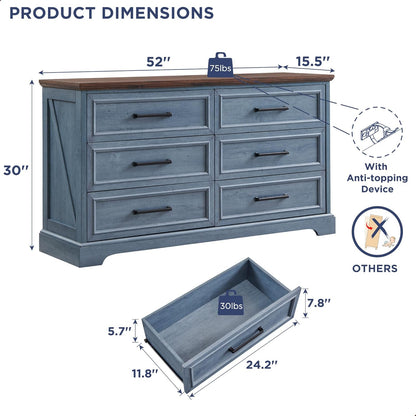 Farmhouse 6 Drawer Dresser for Bedroom, 52 Inch Wide Modern Dresser TV Stand with Large Drawers &