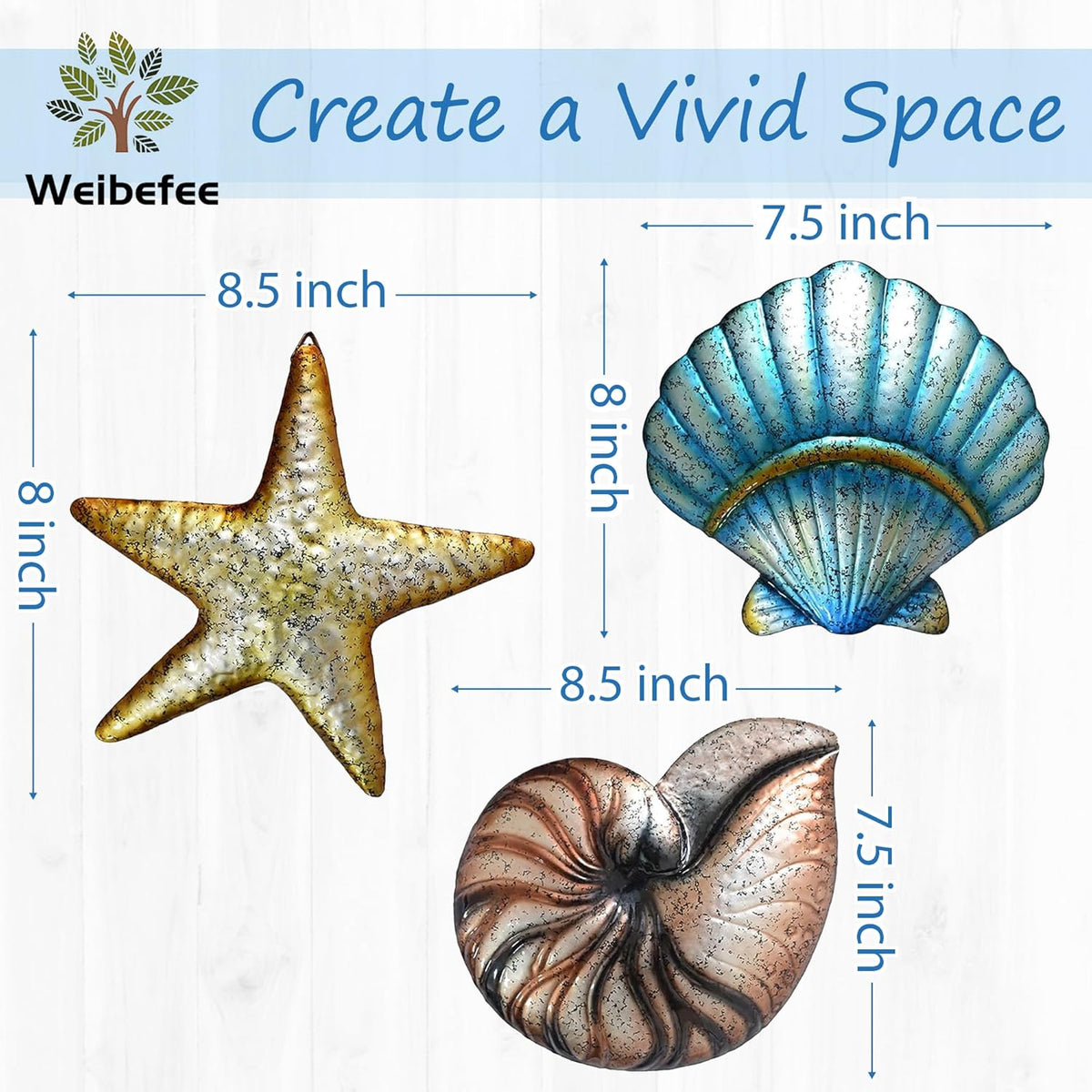 Weibefee 3 Pcs Metal Beach Wall Decor Sea Star Shell Conch Metal Decor Ocean Theme Marine Coastal