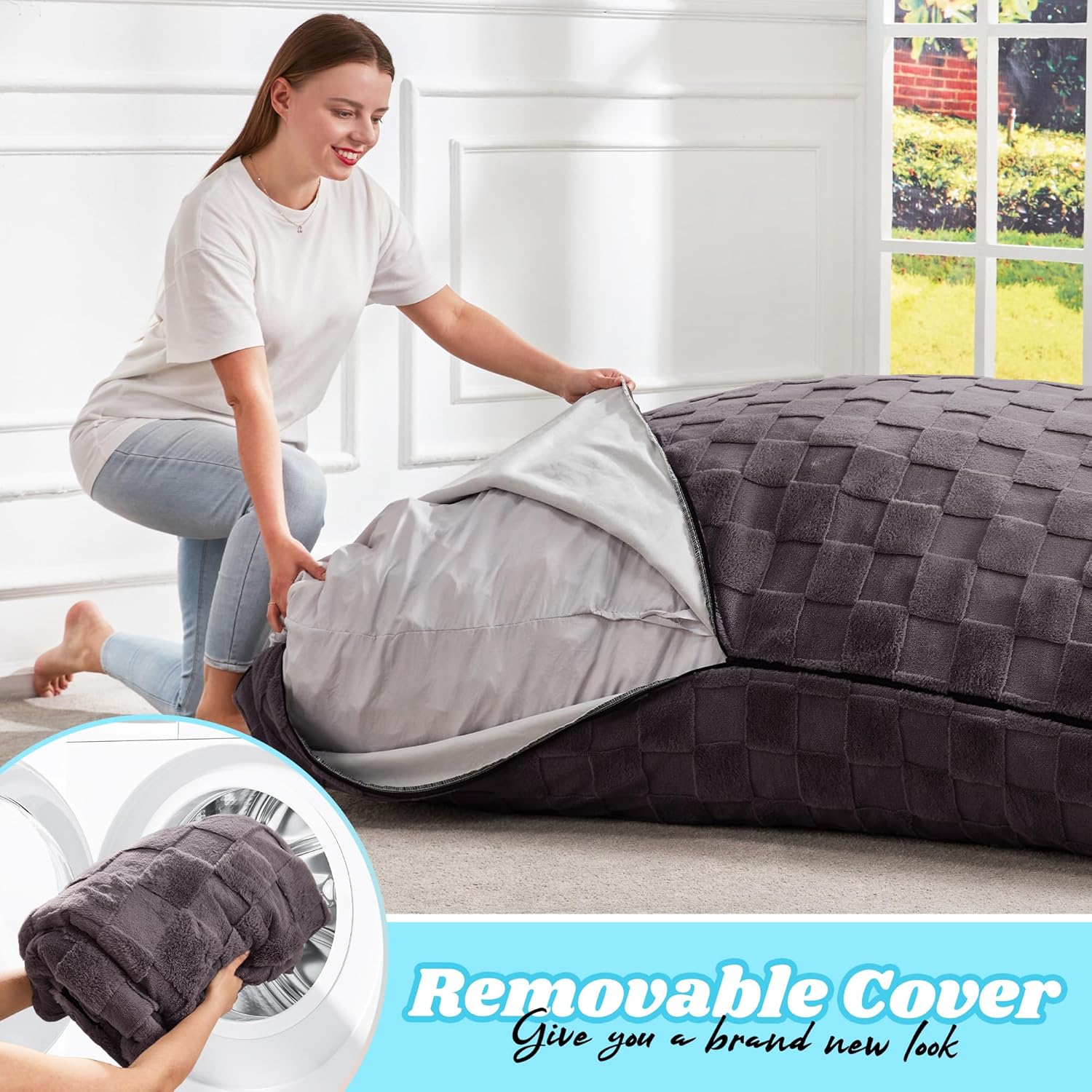 Hobestluk 3 in 1 Bean Bag Chair Giant Bean Bag Chairs for Adults with Plaid Cover Convertible Bean